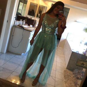 LIGHT BLUE SEQUINED ROMPER w detachable skirt!